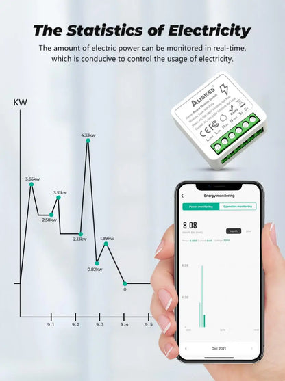 16A Tuya Smart WiFi Switch,2-way Mini Light Switch Power Metering Breaker