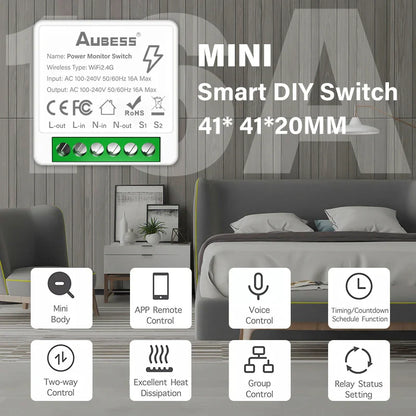 16A Tuya Smart WiFi Switch,2-way Mini Light Switch Power Metering Breaker